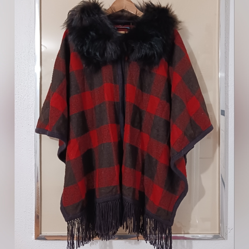 Red and Black Plaid Cape with Faux Fur Collar